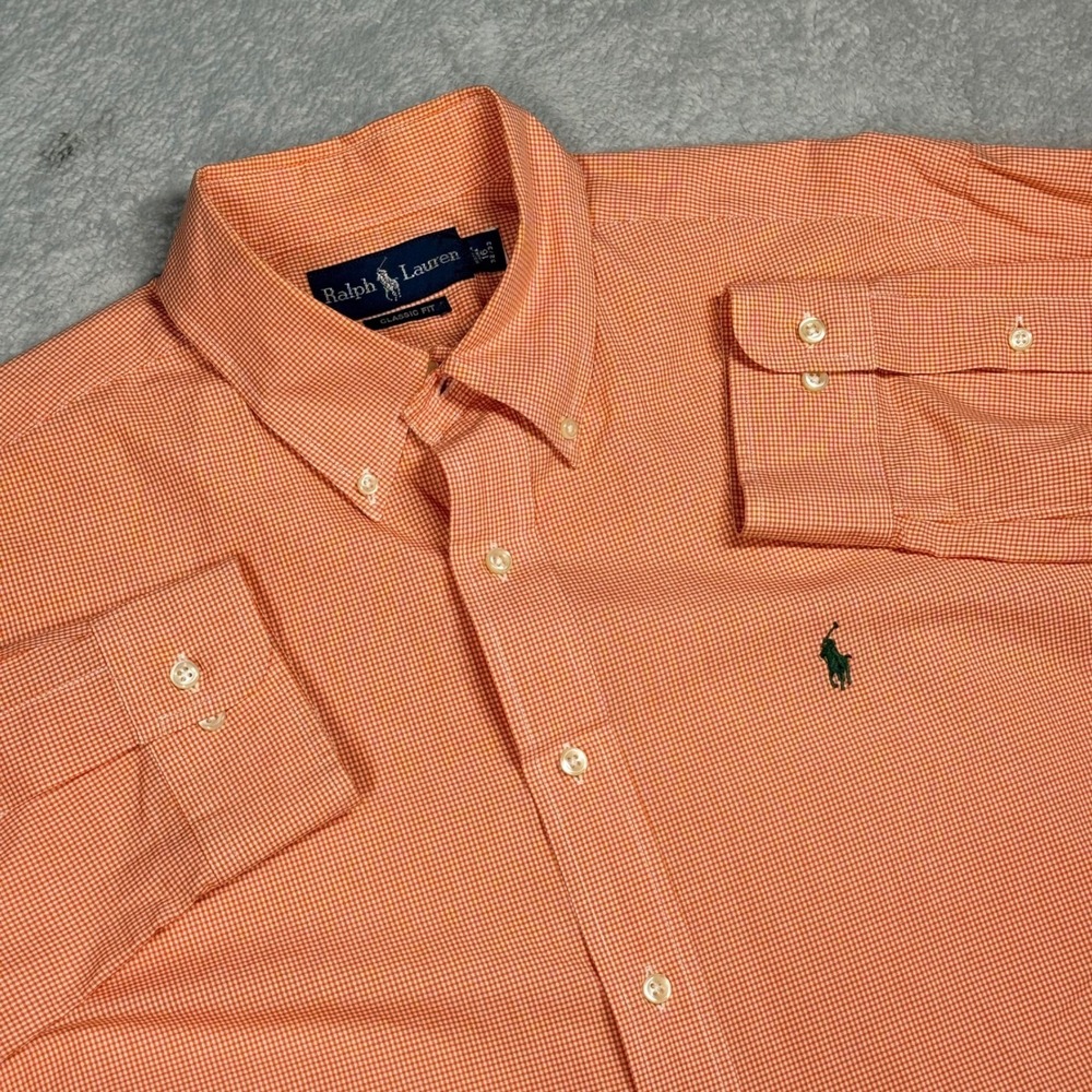 Ralph Lauren Button Down Shirt Mens 16 32/33 Orange Gingham Classic Fit Cotton